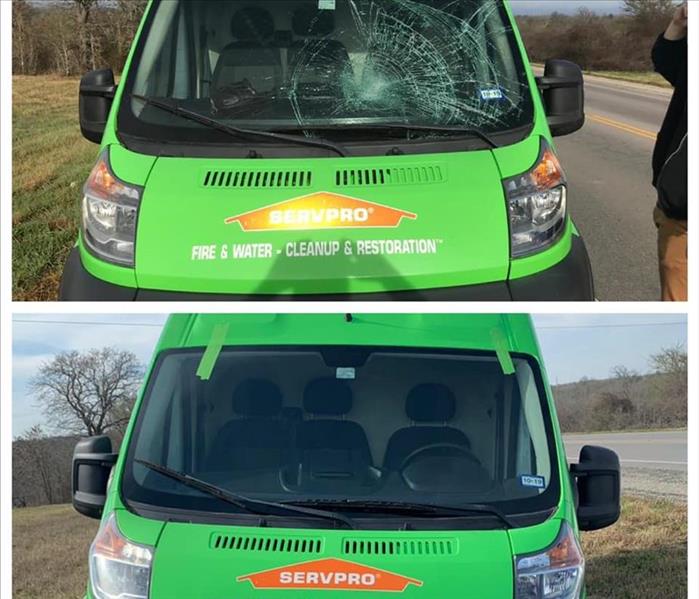 Two photos in a collage. The photo above shows a SERVPRO van with a cracked winshield. The one below shows the repaired car